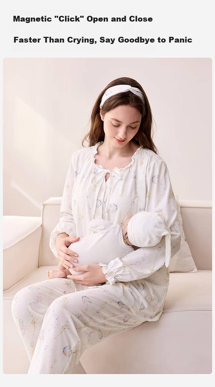 YEEHOO 26th Anniversary New Maternity Postpartum Pure Cotton Nursing Pajamas 10A Antibacterial with Built-in Chest Pads Ocean Pearl XL 10