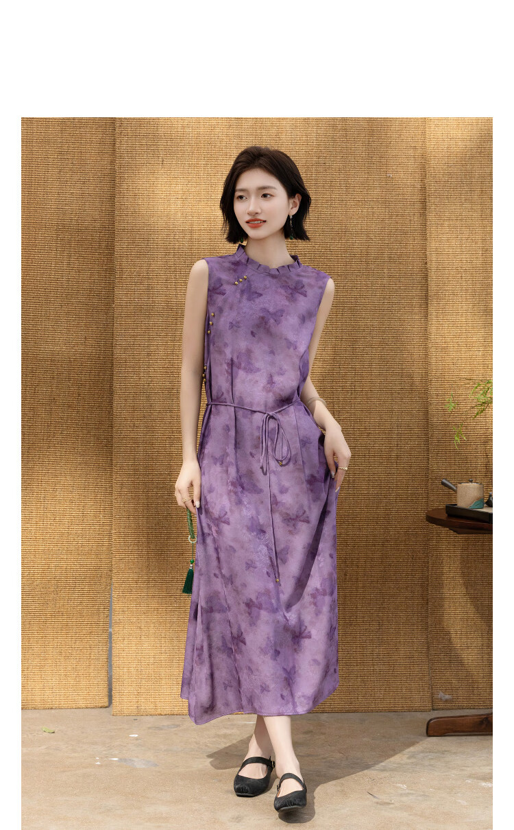 Demana [Ziluoyunyan] Summer National Style New Chinese Stand Collar Ribbon Sleeveless Waist Slimming Dress for Women High-End Feel 10