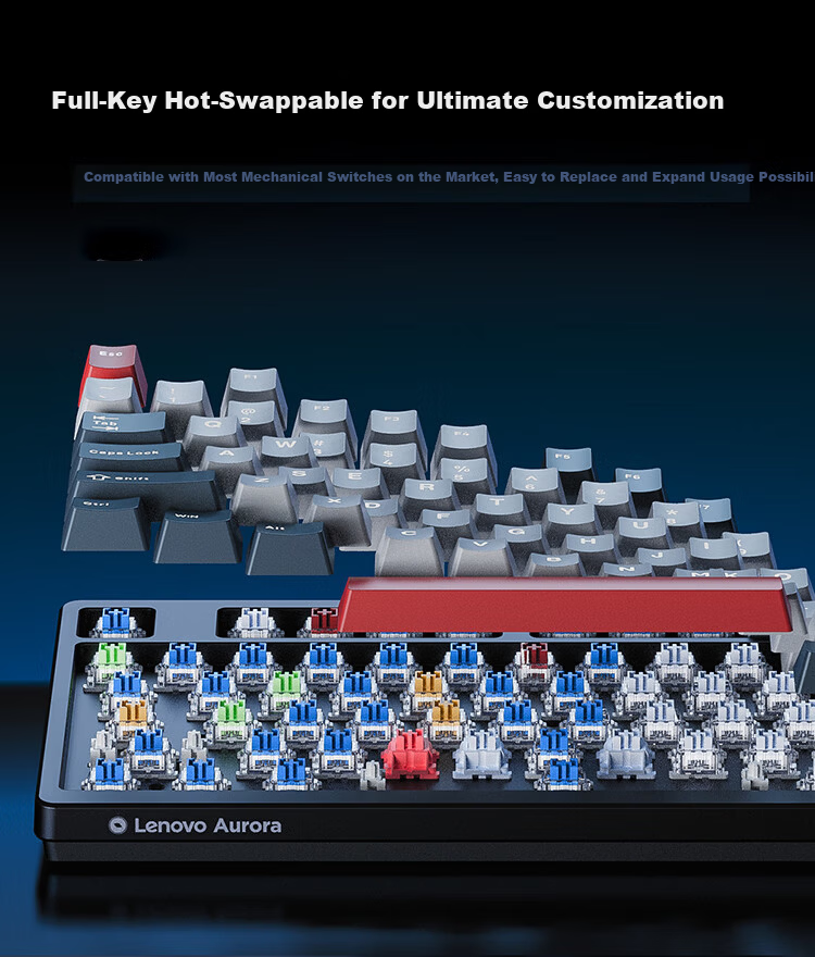 Lenovo GK10 Mechanical Keyboard with Full Hot-Swappable Keys, 20 Backlight Effects, Gaming And Office Computer Keyboard, Aurora Series Three-Mode Version 80-Key Layout, Snow Blue RGB Brown Switch 11