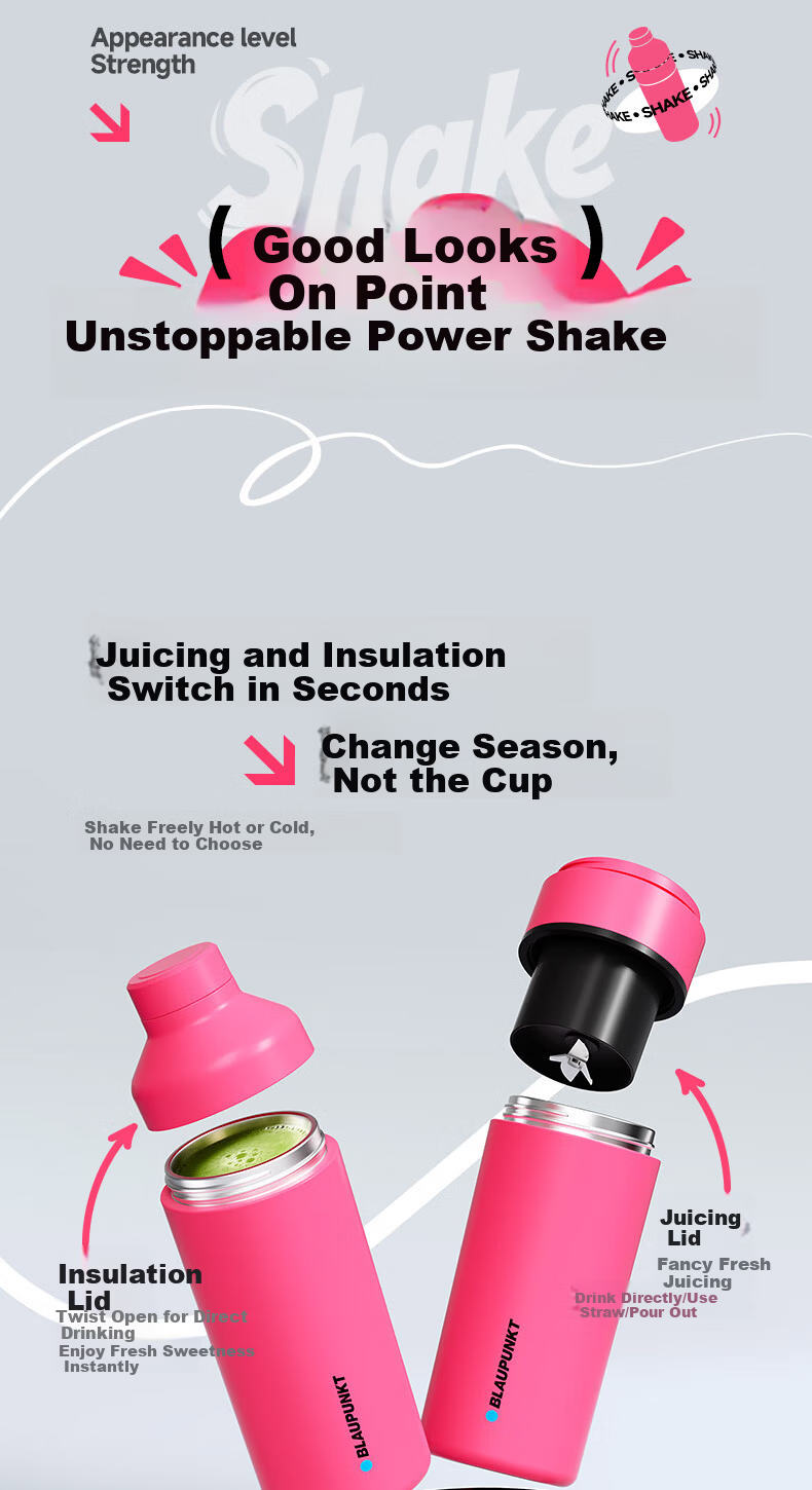 BLAUPUNKT Stainless Steel Juicer Portable Juicing Cup Home Juice Machine Insulated Ice Crushing Rechargeable Mini Multifunctional Antioxidant 316L Sweet Pink 4