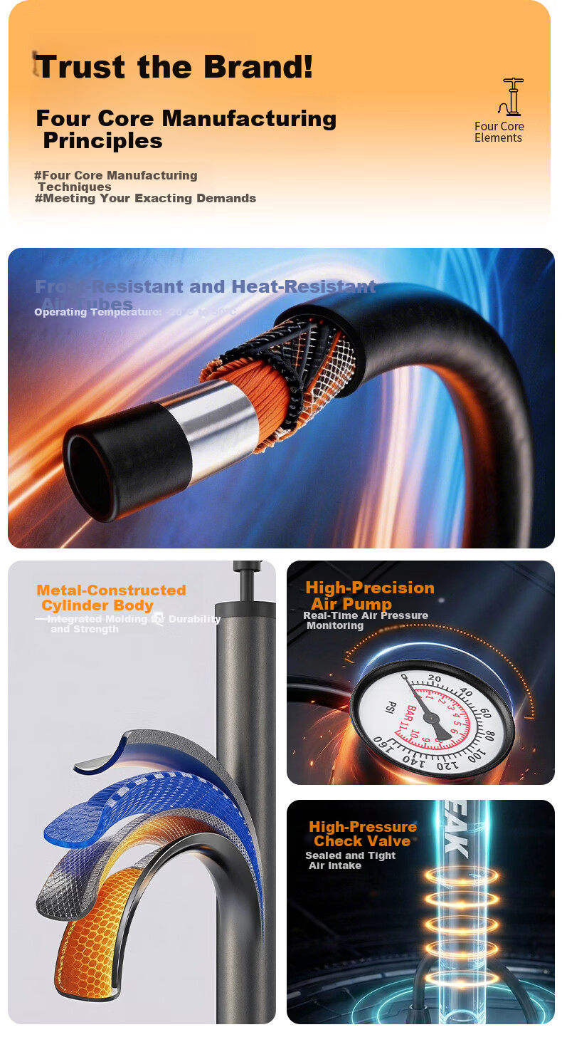 PEAK Pedal High-Pressure Air Pump for Bicycles, Electric Bikes, Motorcycles, Cars, Home Use, Portable Foot-Operated Inflator 3