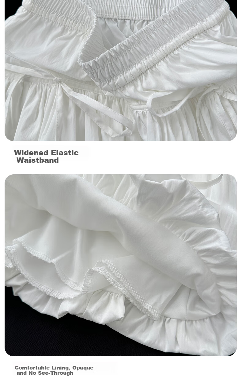 BOPRUIEY White Bud Short Skirt Women's Summer Anti-Exposure High-Waist Cloud Puff A-Line Skirt with Bow 10