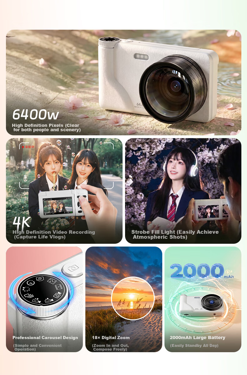 FAMUE HD CCD Digital Camera Student Retro Beauty Card Camera Girls Flip Screen Selfie Campus Travel Vlog Entry-Level Camera Birthday Gift 64G White 3