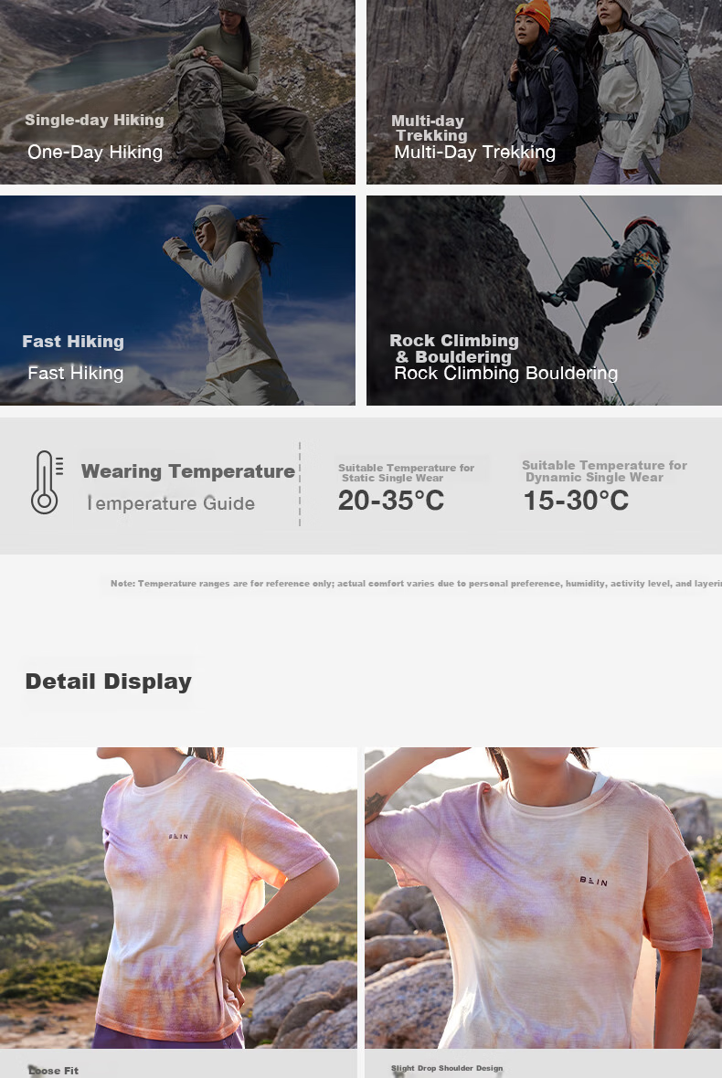 BEIN SPACE Summer New Washable Merino Wool Gradient Sports Hiking Short Sleeve T-Shirt Women J027 Sunset Orange XS 5