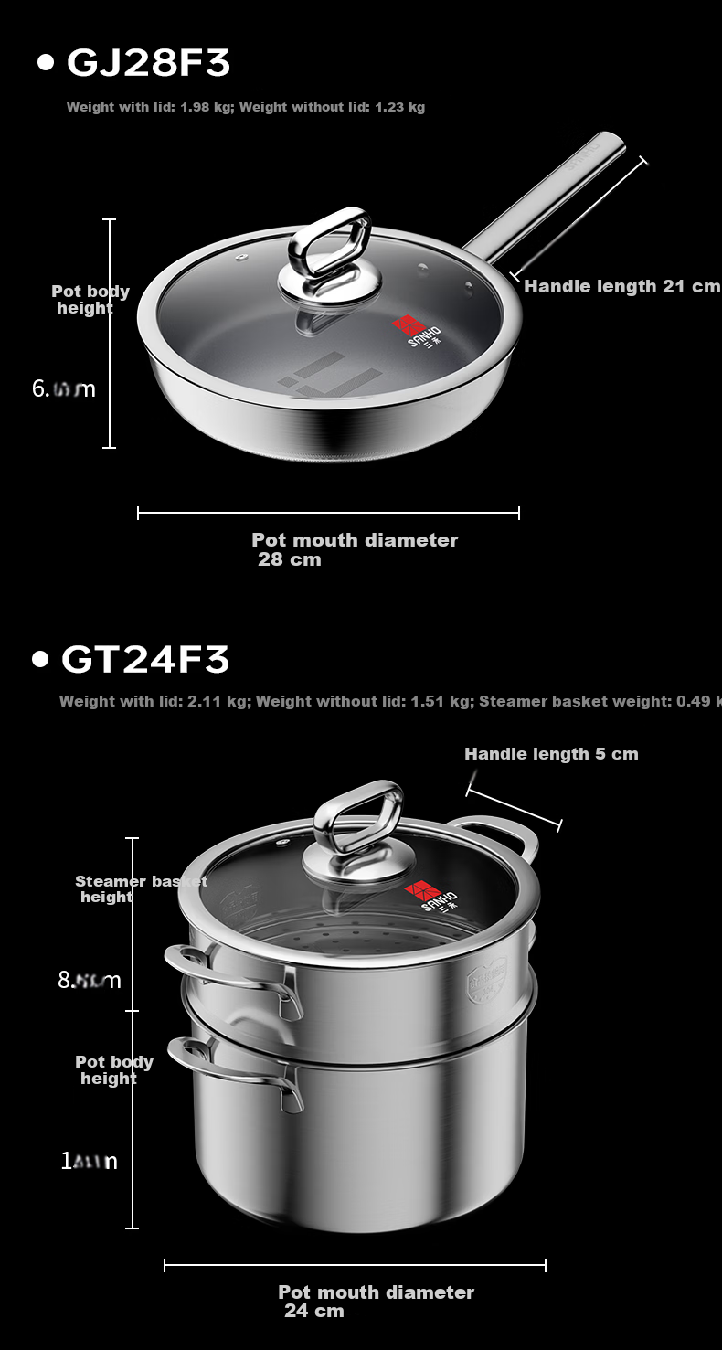 Sanhe 0-Coating Ultra-Fire Pure Titanium Frying Pan 28cm with Lid Non-Slip Base for 2-3 People Offline Model GC28F3 + Cling Film 27