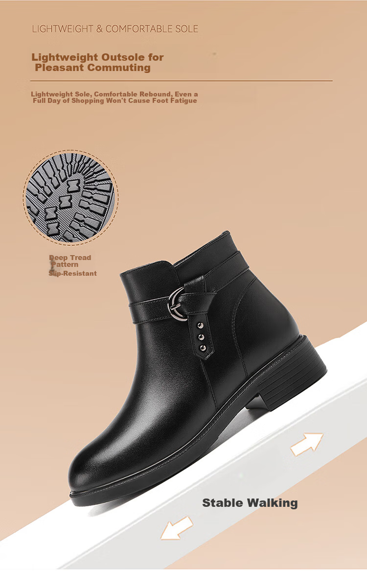 Red Dragonfly Women's Winter Fleece-Lined Warm Chunky Heel Mom Cotton Boots Commuter Lightweight Soft Sole Leather Boots WTC457151C Black Size 39 7