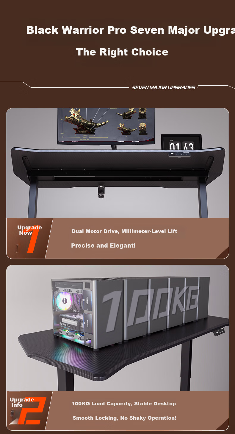 Loctek Black Warrior PRO Dual Motor Solid Wood Electric Adjustable Gaming Desk 1.4m Rubberwood 2