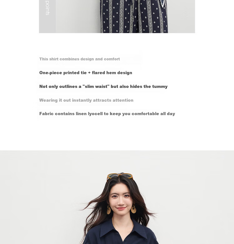 Shangdu Bila Linen Tencel Commuter Shirt Women Spring Summer Printed Tie Pleated Waist Slimming Blouse Turn-down Collar Top 4