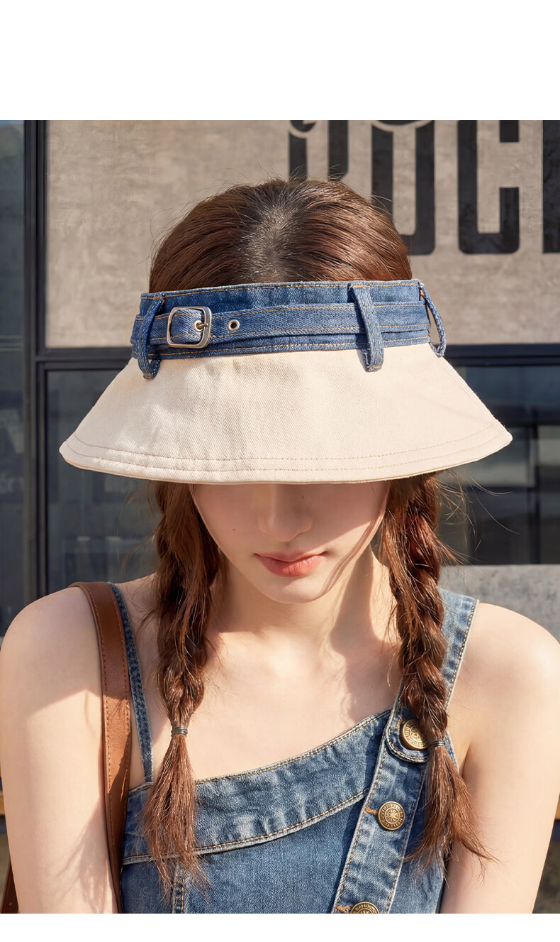 CACUSS Women's Denim Open-Top Cap Summer Sweet Cool Face-Slimming Sun Hat Outdoor Casual Foldable Sun Hat Apricot Beige 9