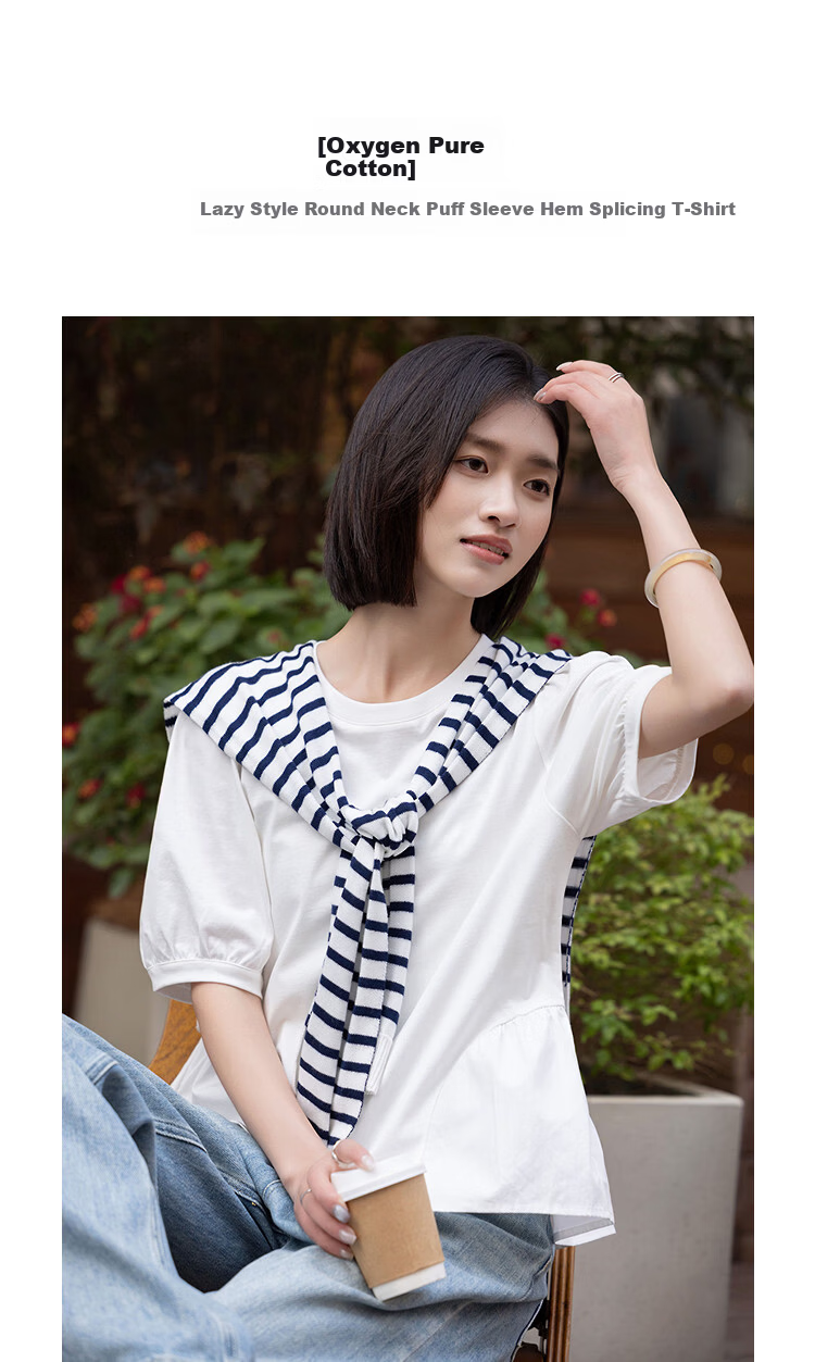 Demana [Oxygen Pure Cotton] Summer Lazy Style Round Neck Puff Sleeve Hem Splicing Loose Slim T-Shirt for Women Premium Feel 1