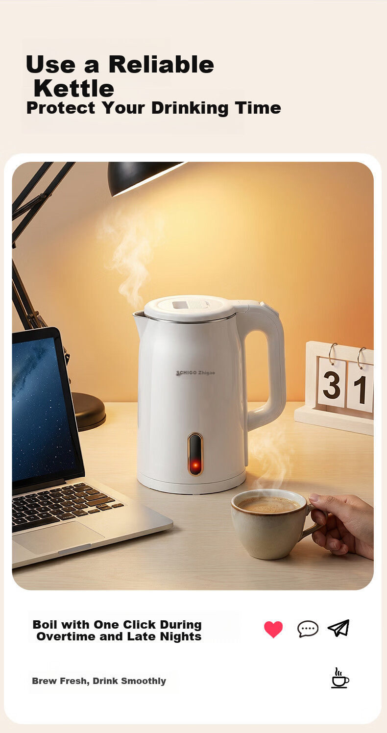 CHIGO Electric Kettle 1.8L Double-Layer Anti-Scald Stainless Steel Water Boiler High Power Fast Boiling Household Kettle 18