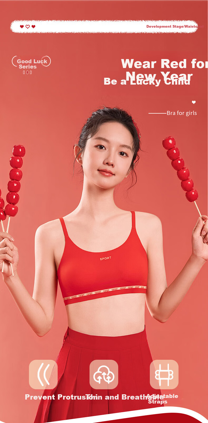 MiiOW Red Underwear Gift Set for Girls in Their Birth Year, Vest Bra and Panties for Middle and High School Students, Children's Development Period 1