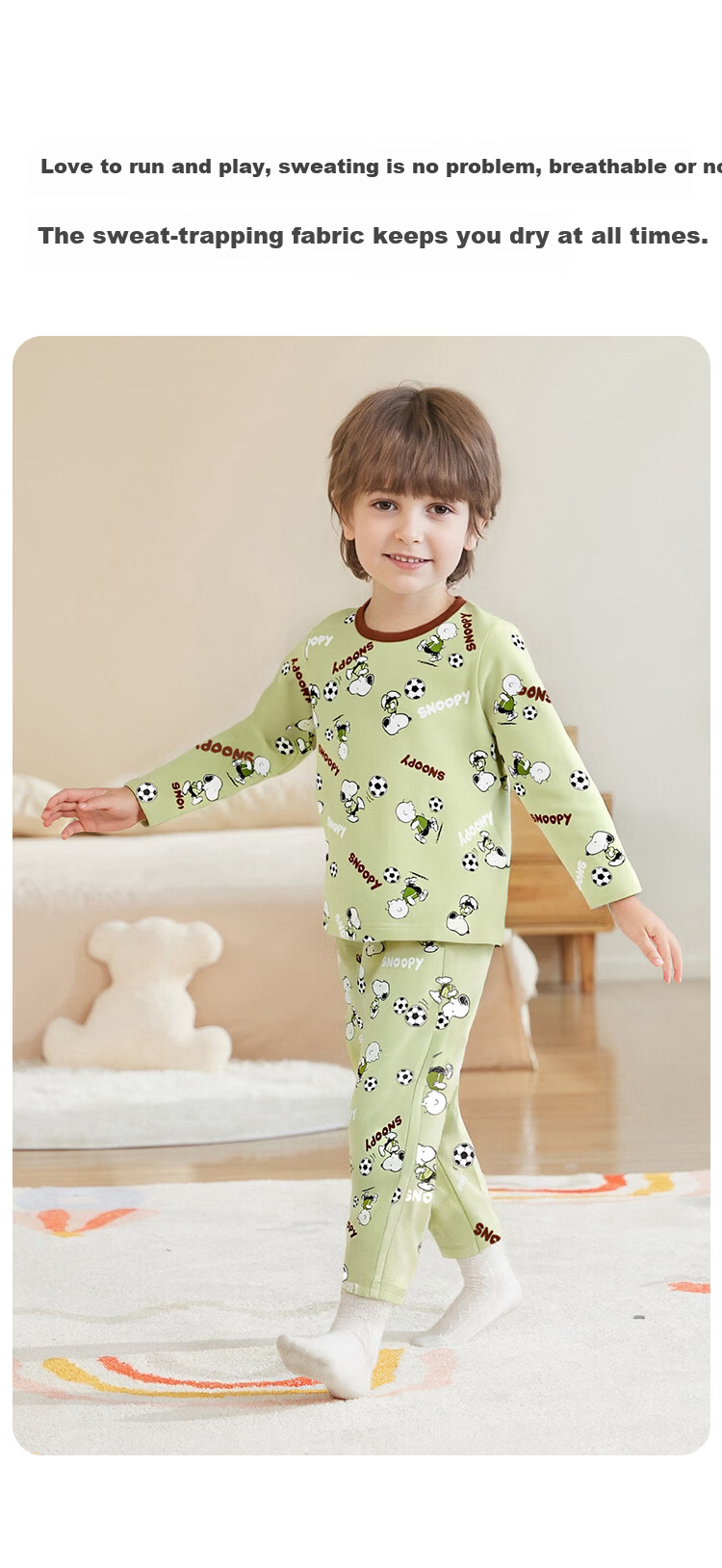 SNOOPY Children's Thermal Underwear Set Boys Autumn Long Johns Baby Pajamas Warm Base Layer Feiyue Football Green 4