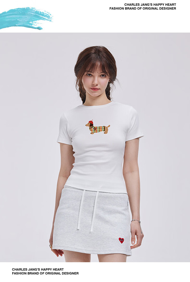 Charles Heart Summer Simple Cute Dachshund Print Short Sleeve Slim Fit T-Shirt White XF 14