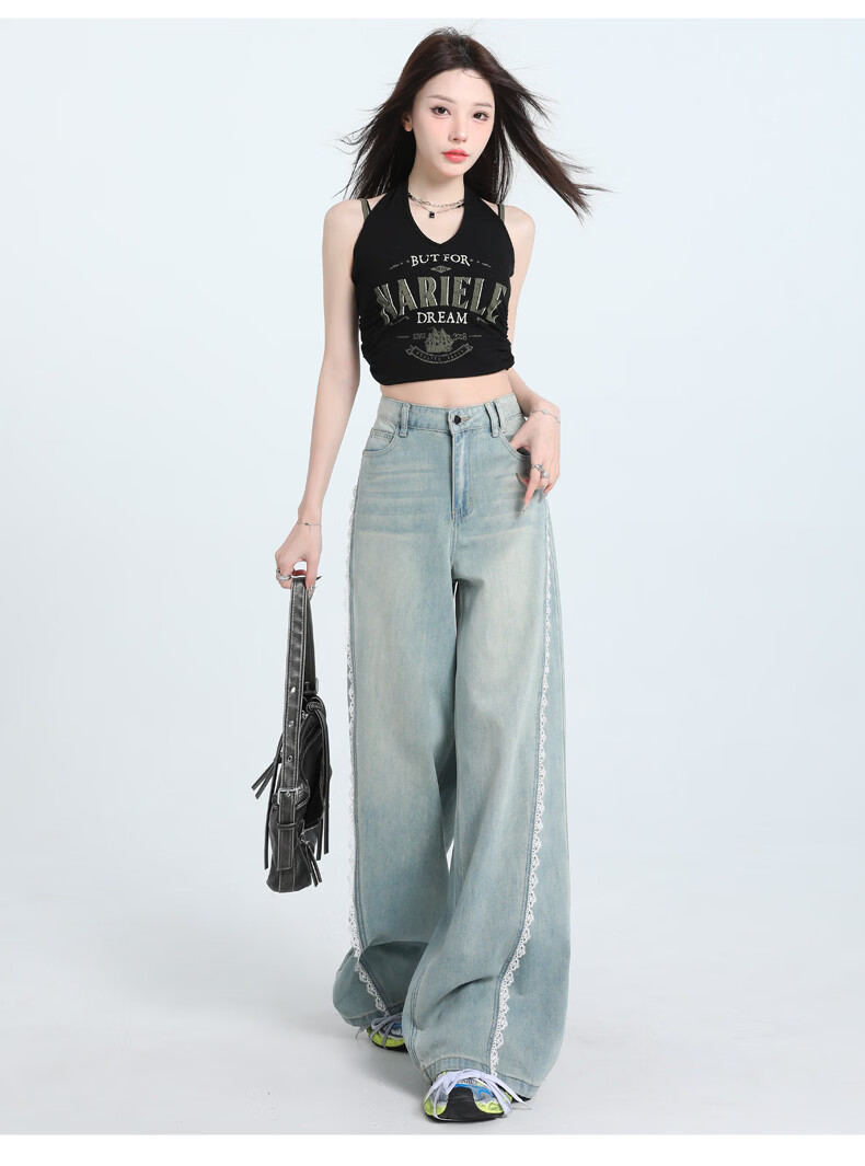 Jeanswest Women's Jeans 2026 Summer Retro Washed Light Lace Trim High Waist Washed Wide Leg Pants Light Blue M 11
