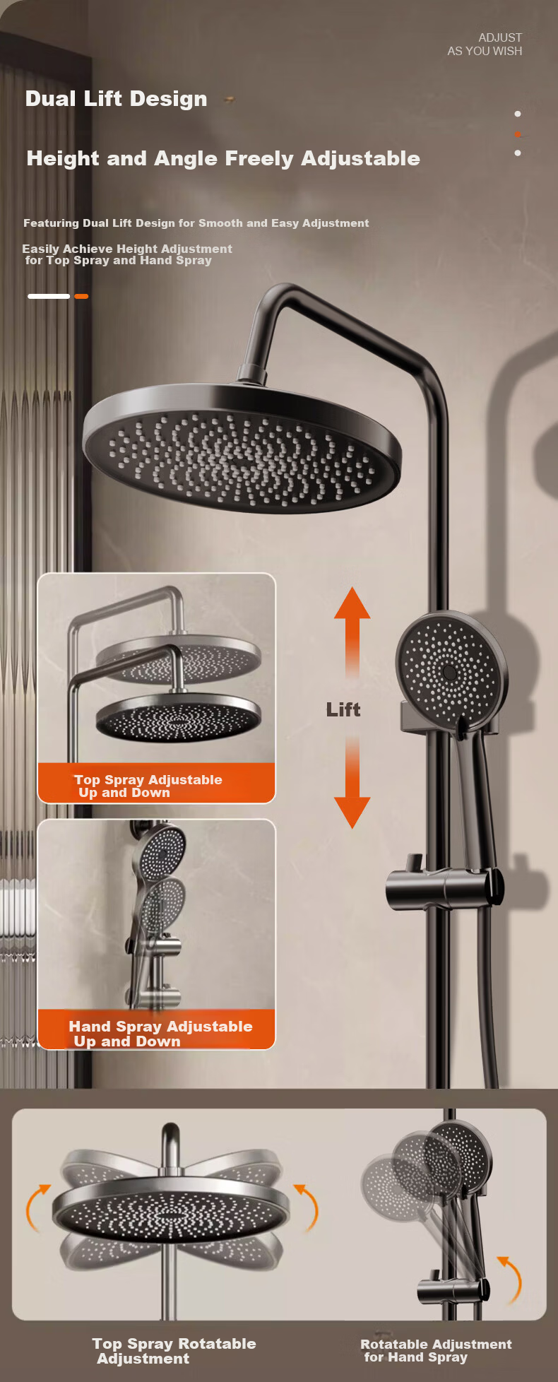 Jingmi Premium Shower Set Brass Body Faucet High-Pressure Shower Head Bathroom Shower System 10
