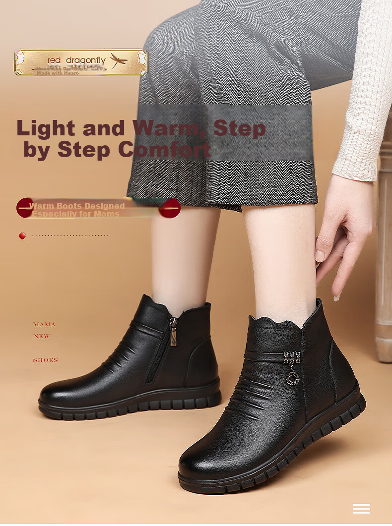 RED DRAGONFLY Women's Short Boots with Fleece Lining, Warm Snow Boots, Middle-Aged And Elderly Cotton Leather Shoes, Flat Cowhide Cotton Shoes WTC428791 Black Size 36 1
