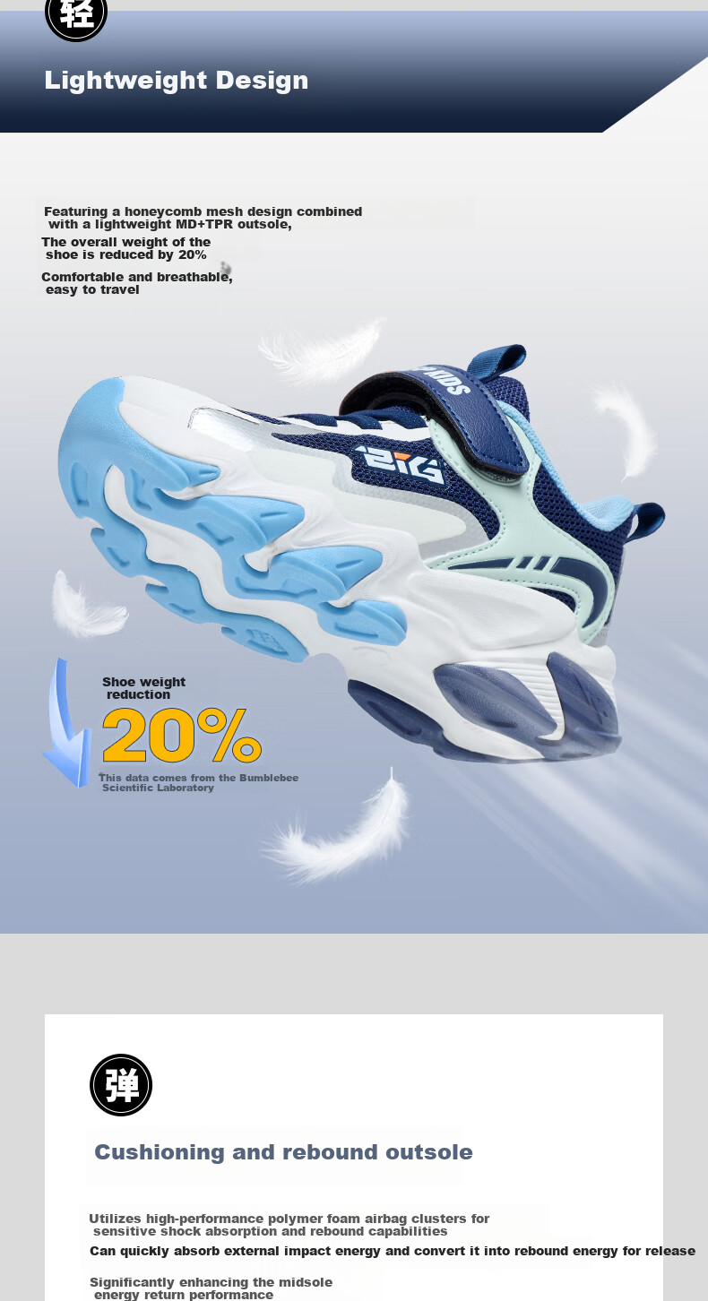Bumblebee Kids Boys Sports Shoes 2026 Spring Mesh Children's Running Shoes D112431802K White Dark Blue Size 26 2