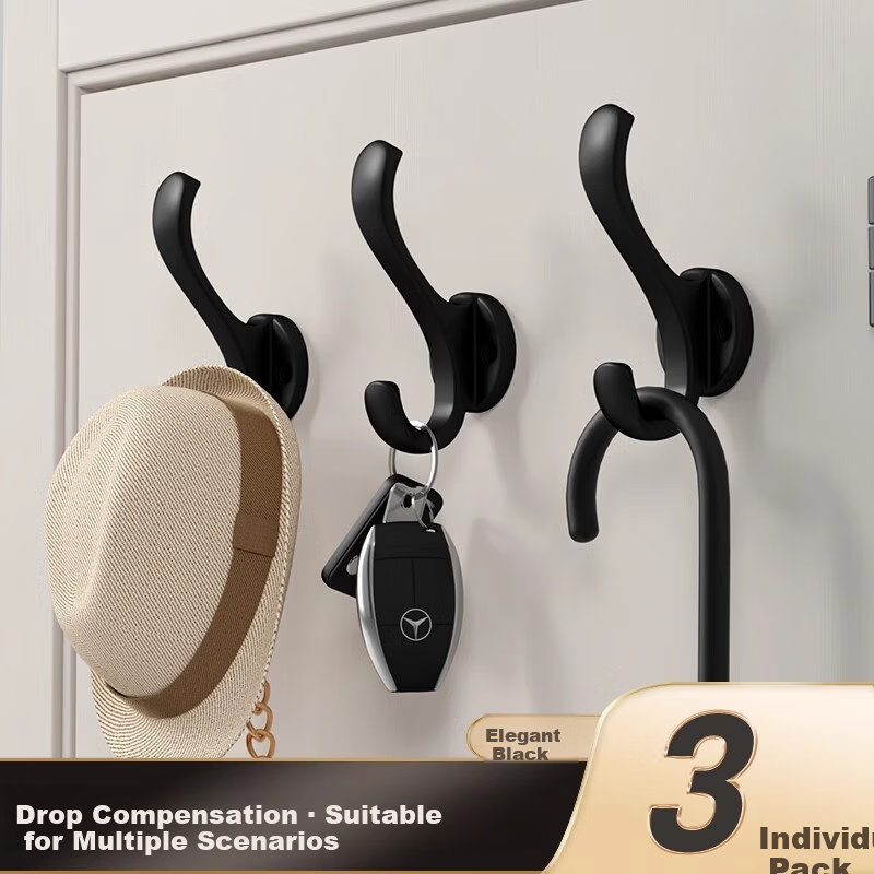 FAJIENUO No-Drill Wall-Mounted Coat Hooks for Entryway, Black, Set of 3