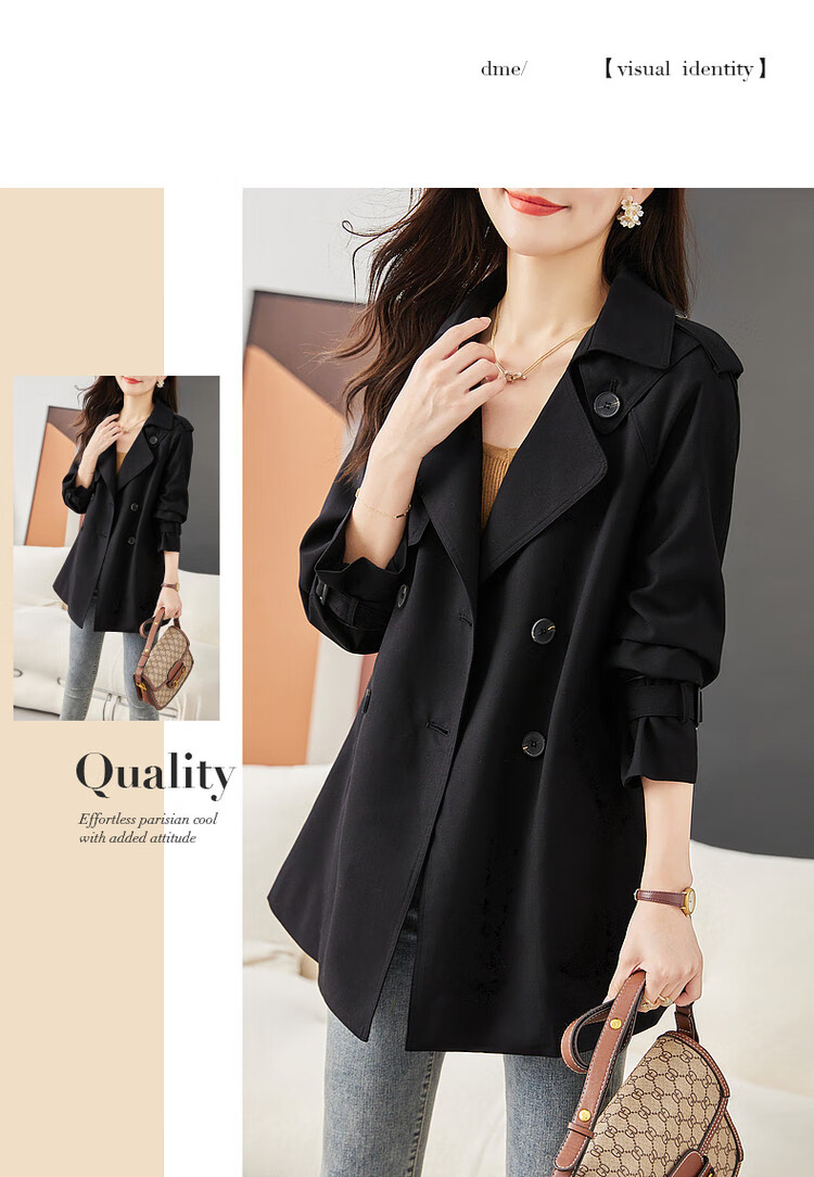 Dme Double-Breasted Trench Coat, Spring And Autumn Suit Collar H-Type Double-Breasted Long-Sleeve Trench Coat for Women, Mid-Length Style, Deep Khaki, S 13