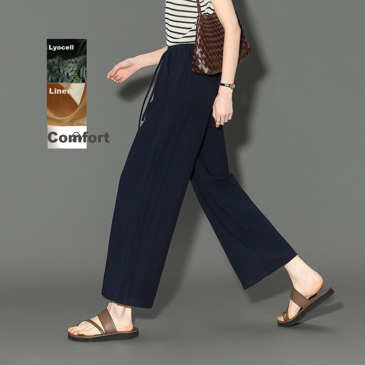 Demana Linen Lyocell Blend Spring Cropped Elastic Waist Straight Loose Casual Pants for Women High-End Feel