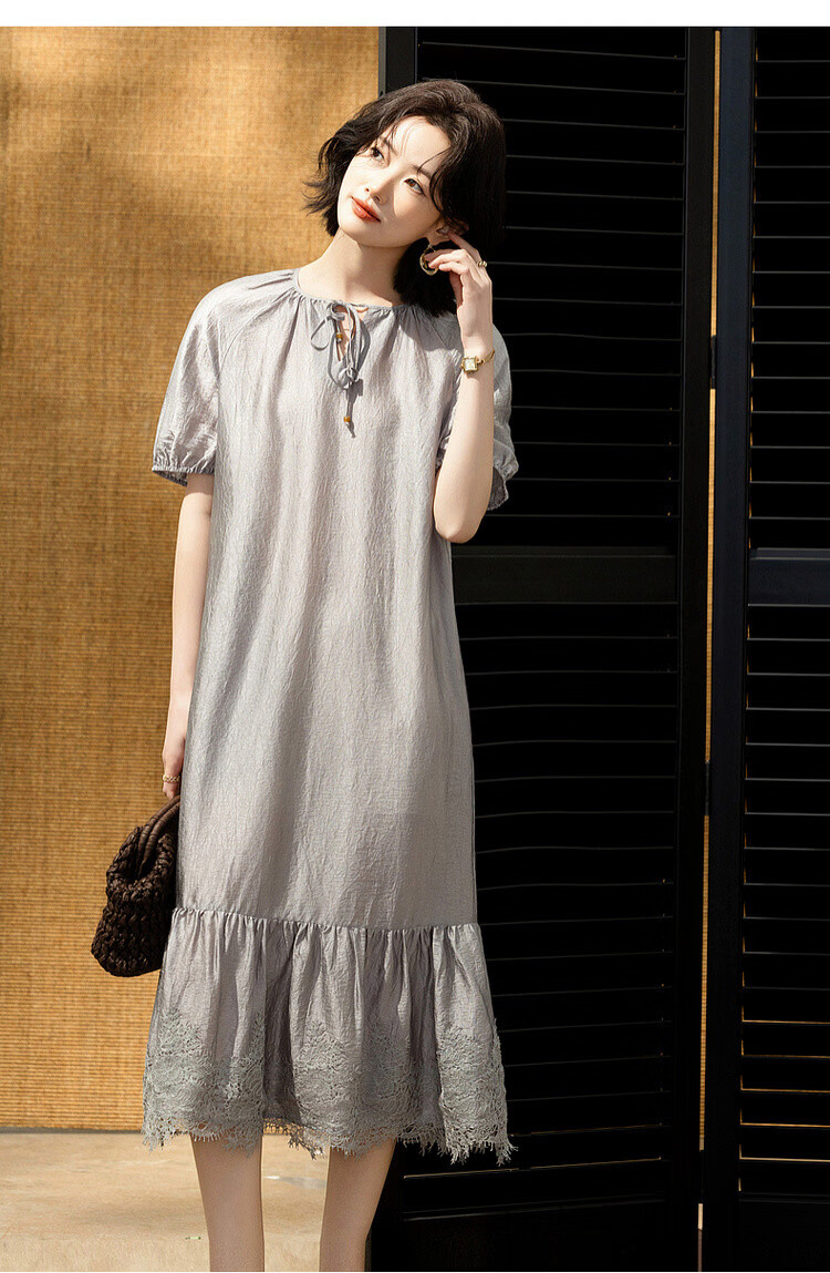 Demana Wrinkled Acetate Summer Vacation Style Tassel V-Neck Lace Splice Loose Mid-Length Women's Dress 15