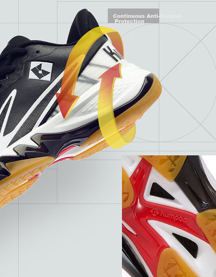 KUMPOO Shura Badminton Shoes ACF Cushioning Rebound Breathable Anti-Torsion Non-Slip Sports Shoes KH-G828 Black/White 38 9