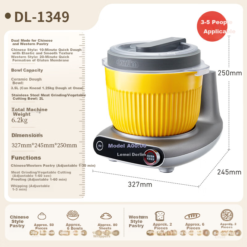 Donlim Household Multifunctional Dough Maker Chef Machine Ceramic Dough Bucket Fully Automatic Kneading Meat Grinder Integrated Fermentation Whipping Dough Machine DL-1349 Titanium Gray