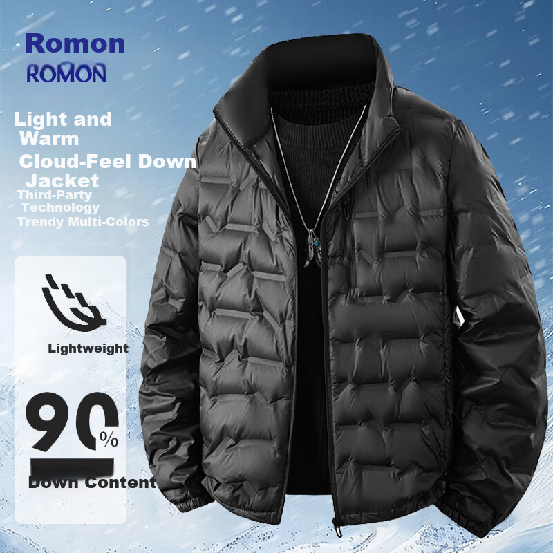 ROMON Men's Casual Workwear Down Jacket Cold-Resistant Warm Autumn Winter Stand Collar Business Coat Black 2XL Model 9968
