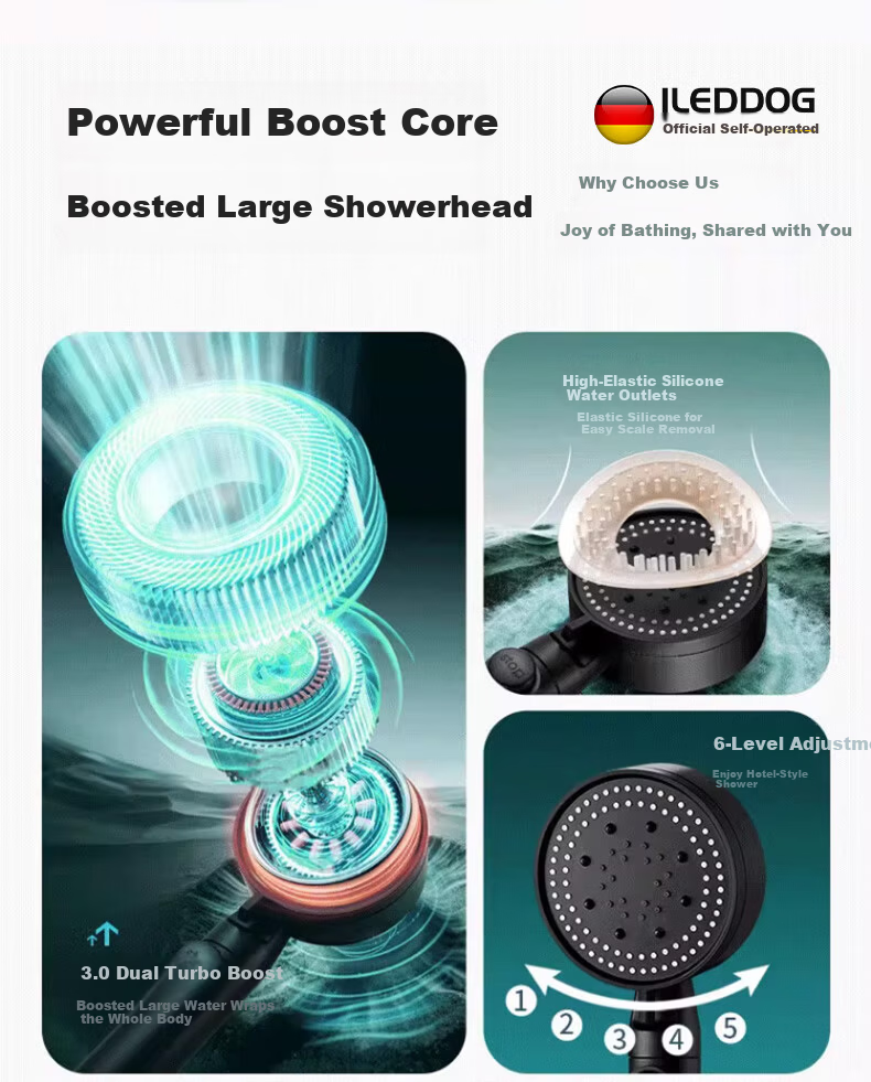 ILeddog [Germany] High-Pressure Shower Head Booster Powerful Water Flow Bathroom Shower Hose Set HL-001 3