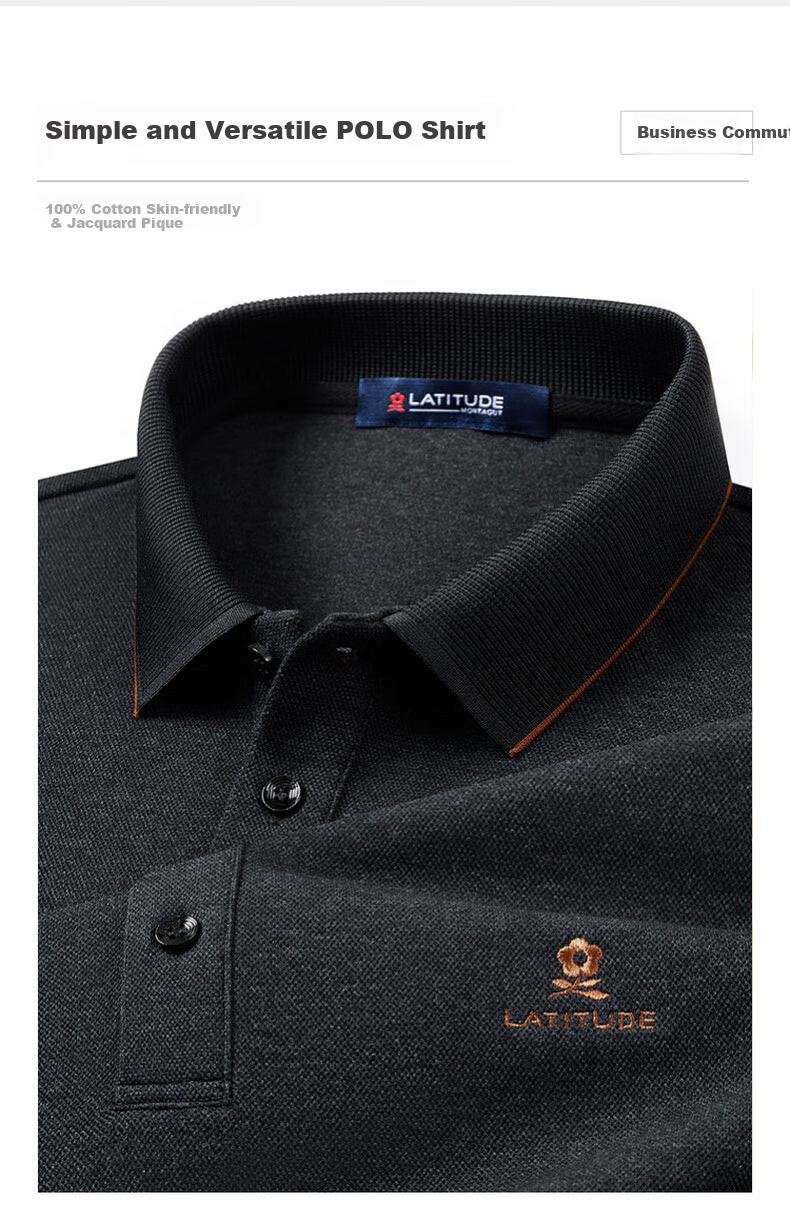 MONTAGUT Men's Long Sleeve Polo Shirt Spring Autumn 100% Cotton Business Casual Skin-friendly Middle-aged T-shirt Graphite Gray XL 2