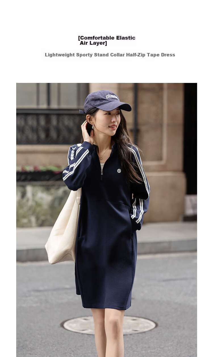 Demana [Comfort Elastic Air Layer] Spring Lightweight Sports Stand Collar Half-Placket Printed Ribbon Petite Women's Dress 1