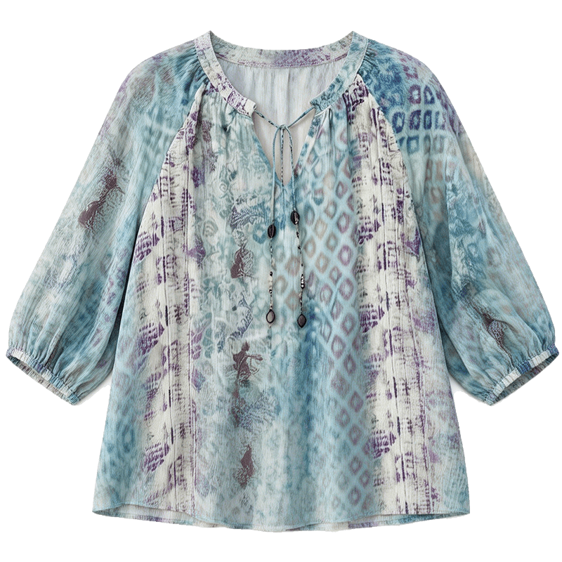 Demana [Lycra] Summer South of France Love Letter V-Neck Tie Printed Six-Sleeve Loose Slim Shirt for Petite Women