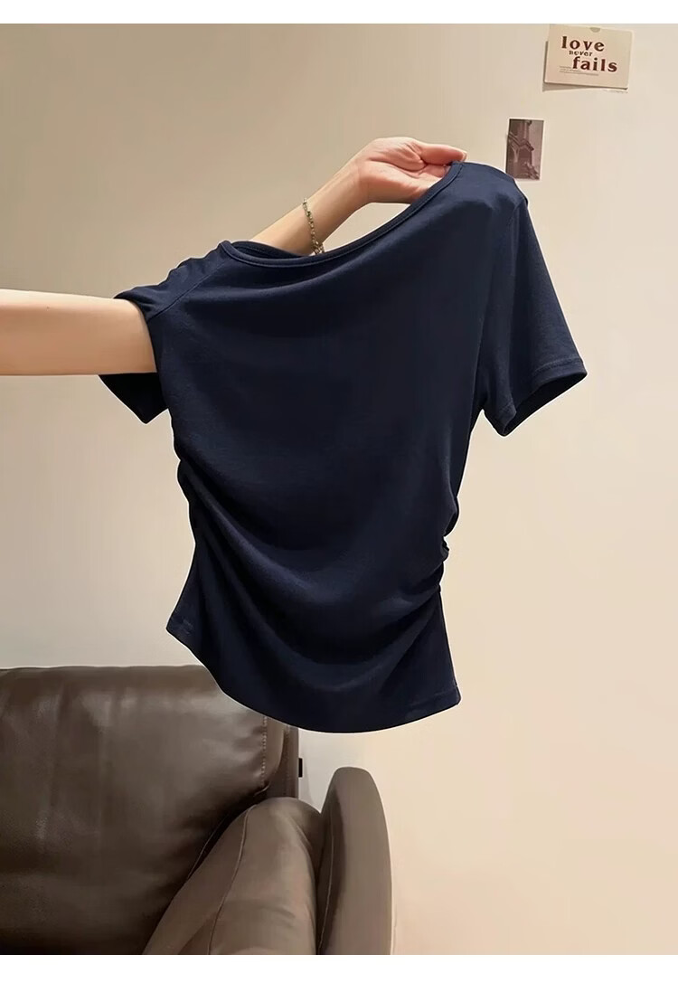 Shuangxing Women's Summer New Sexy Off-Shoulder Short Sleeve T-Shirt, Ruched Waist Slim Fit, Black, XL 10