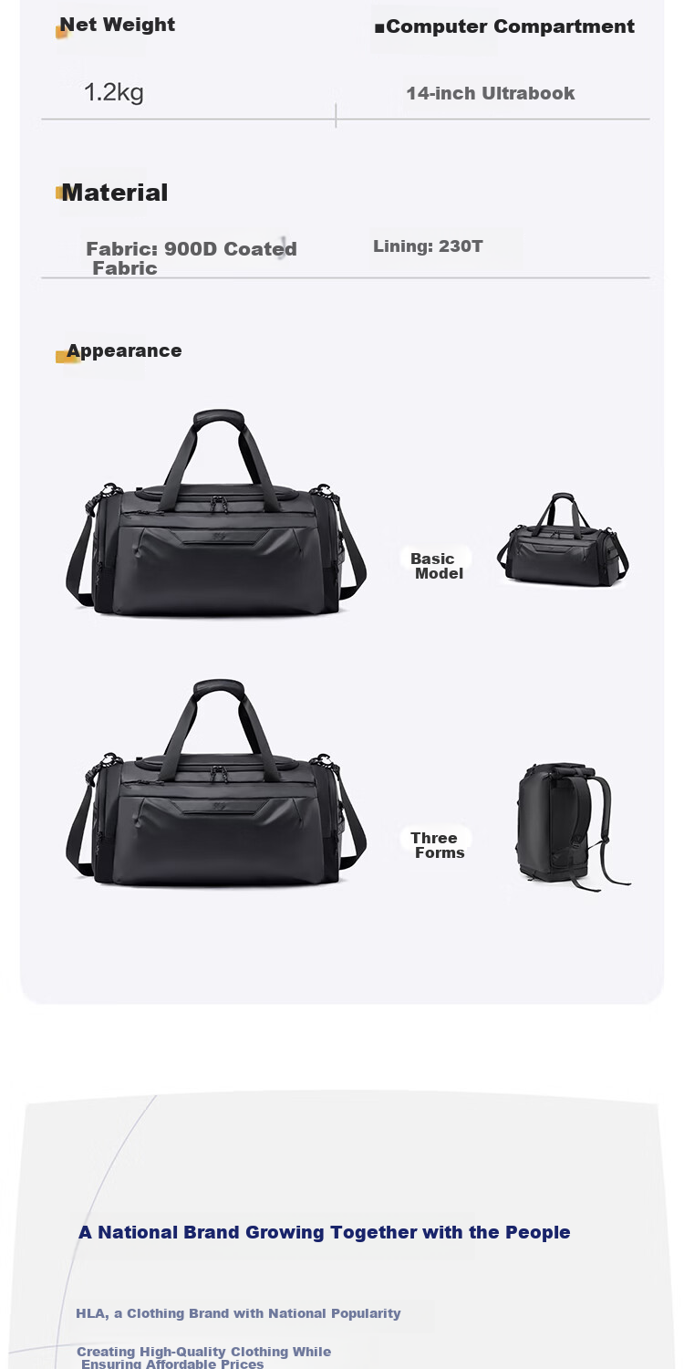 HLA Men's Large Capacity Multifunctional Travel Bag Handheld Backpack Shoulder Crossbody Bag for Business Trip Travel Sports Fitness 8