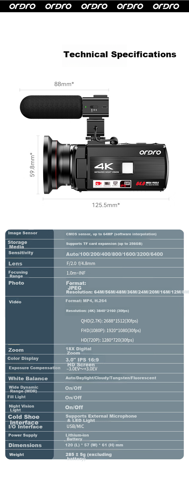 ORDRO Z36 4K HD Handheld DV Digital Video Camera 64MP Portable Vlog Short Video Home Travel Professional Anti-Shake Camcorder with Infrared Night Vision 18