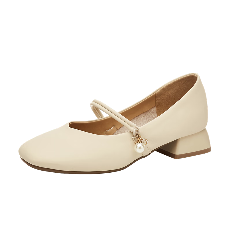 DAPHNE Women's Single Shoes, Cowhide Leather Elegant Mary Jane Shoes, Chunky Heel Square Toe Versatile Women's Shoes, Beige, Size 37