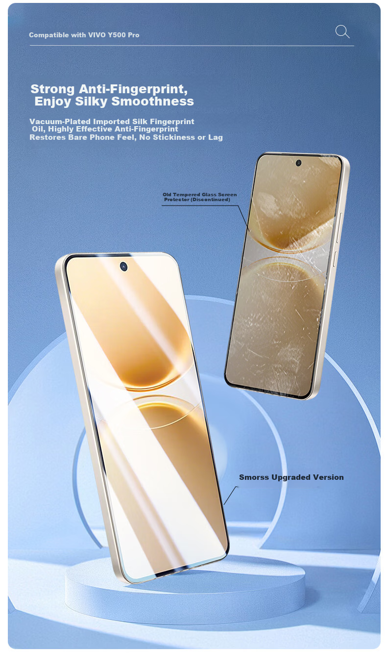 Smorss [2 Pieces No Black Edges] Tempered Glass Screen Protector for vivo Y500Pro, High-Definition Anti-Fingerprint Anti-Shock Protective Film with Ultrasonic Unlock Support 5