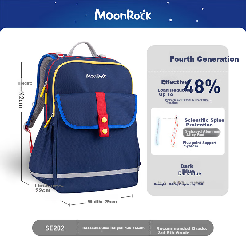 MoonRock Primary School Children's Ergonomic Backpack for Grades 3-5 Boys and Girls Large Capacity Dark Blue