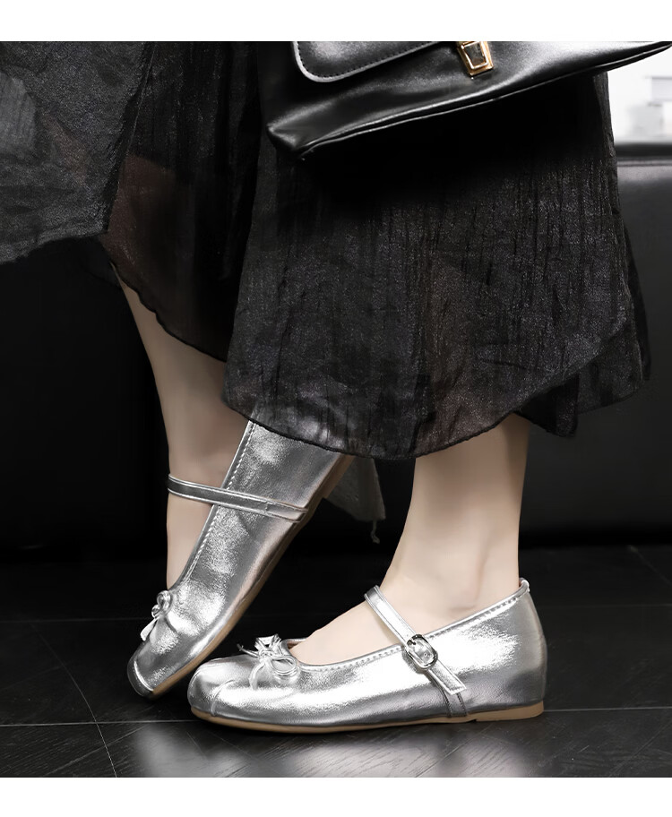 HUANQIU Silver French Style Ballet Mary Jane Flats for Women Summer Breathable Height Increasing Soft Sole Dress Shoes 16
