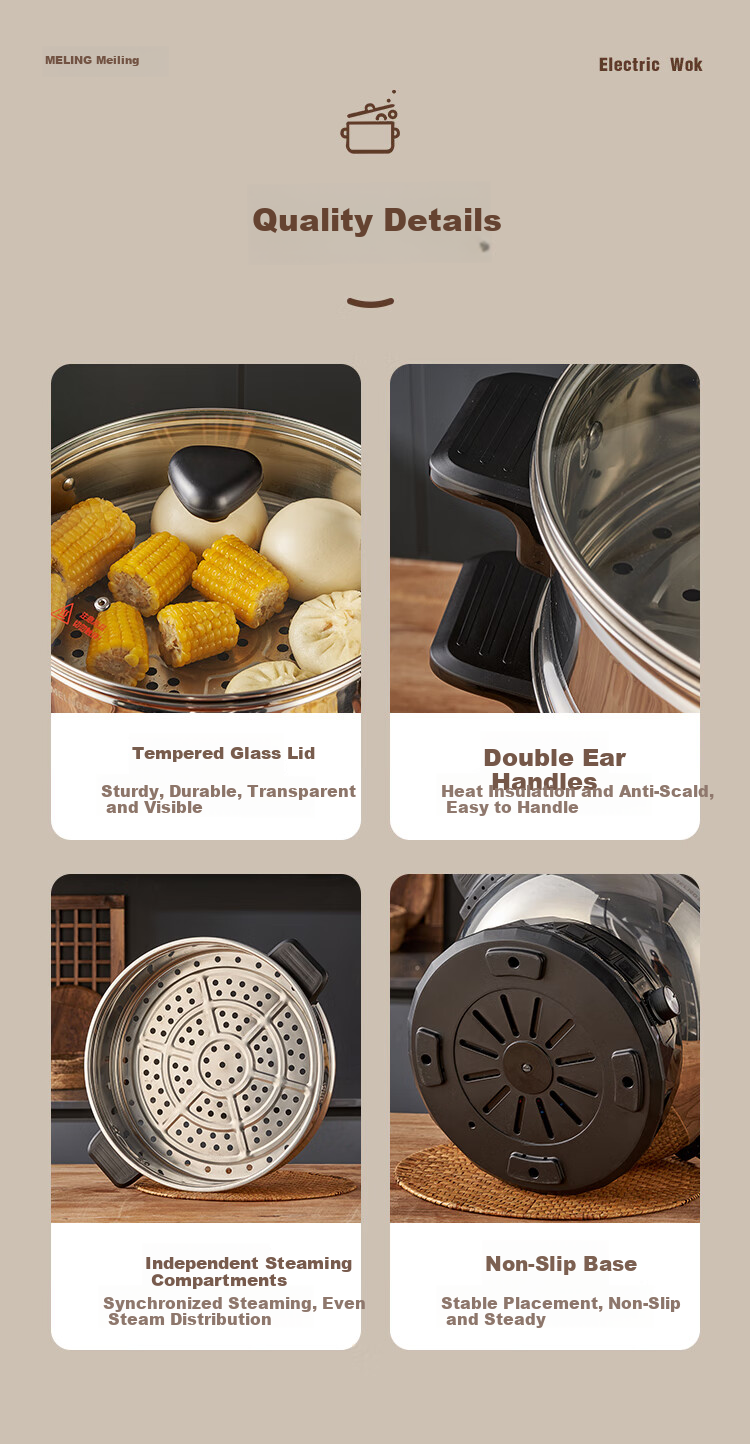 MeiLing Electric Frying Pan New Generation Healthy Large Capacity 304 Stainless Steel Electric Steamer Electric Cooker Stew Steam Cook Non-Stick Multifunctional All-in-One Electric Pot Multi-Purpose E 24