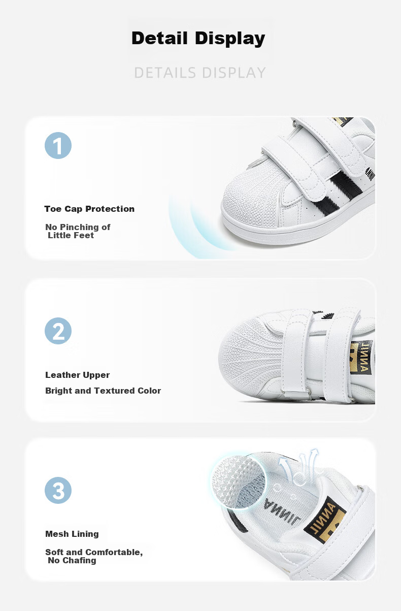 ANNIL Kids Comfortable White Shoes 2026 Summer Student Shell Toe Sports Sneakers Velcro Skate Shoes 7