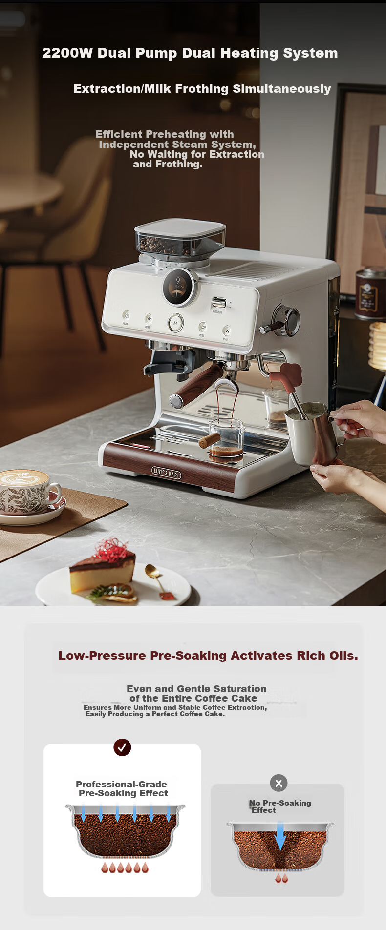 Lumo Cloud Eye Hot and Cold Dual Extraction Coffee Machine Home Mike Small Smart LCD Screen Dual Heating Semi-Automatic Italian Grinder Integrated Milk Frother Espresso Americano Coffee Maker 8