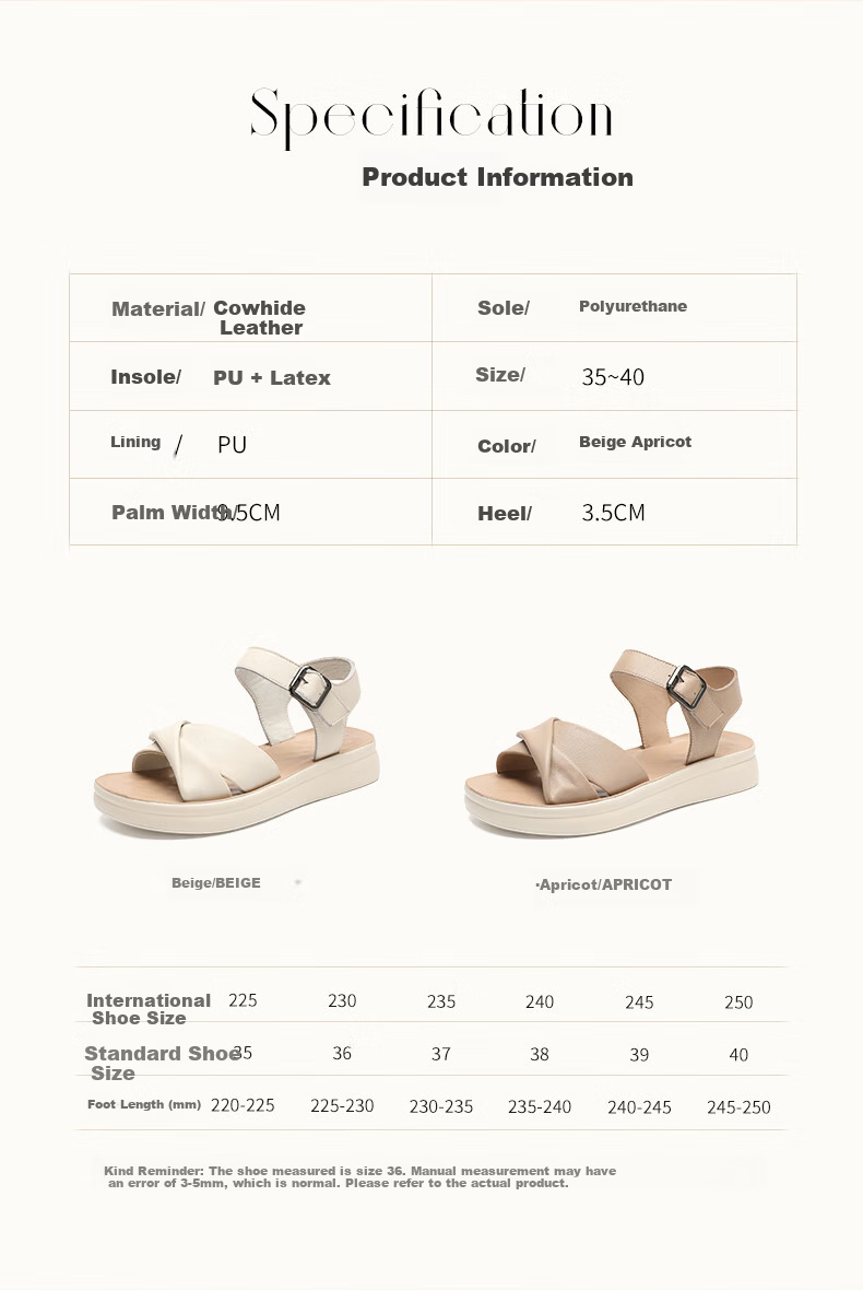 ZHR Zese First Layer Cowhide Thick Sole Sandals Women Summer Breathable Open Toe Comfortable Leather Soft Sole Single Strap Shoes EQ05 Beige Size 36 5
