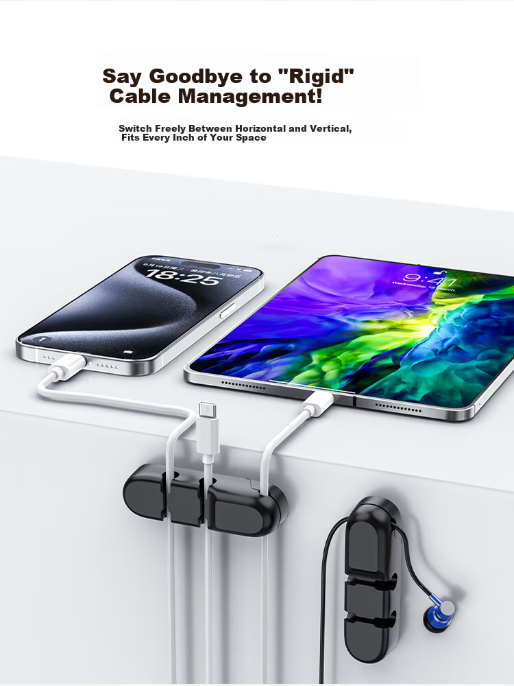 Superior Cable Organizer Desktop Hub Storage Management Power Data Cable Clip Wire Winder 3-Port 2-Pack OT1110ABK-3 7