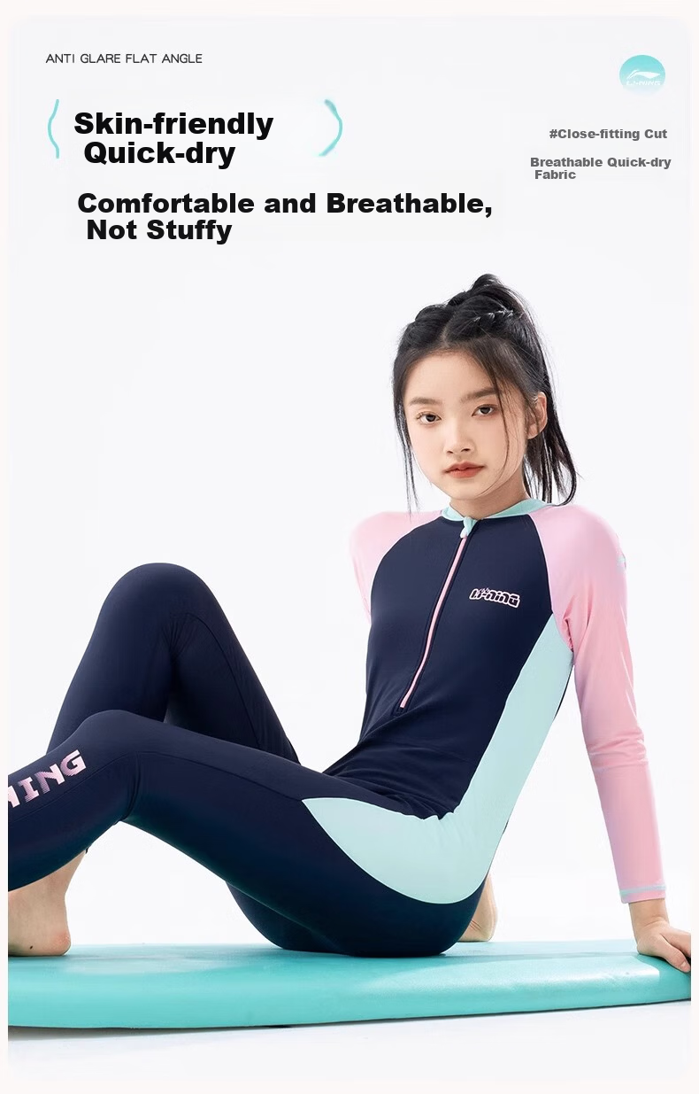 LI-NING Kids Girls One-Piece Long Sleeve Long Pants Swimsuit with Chest Pad Sun Protection Swimwear for Middle School and Older Children 4