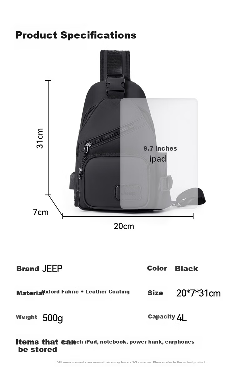 JEEP Men's Outdoor Crossbody Bag Sports Small Backpack Large Capacity Shoulder Bag Casual Commuter Water-Resistant Phone Bag 10