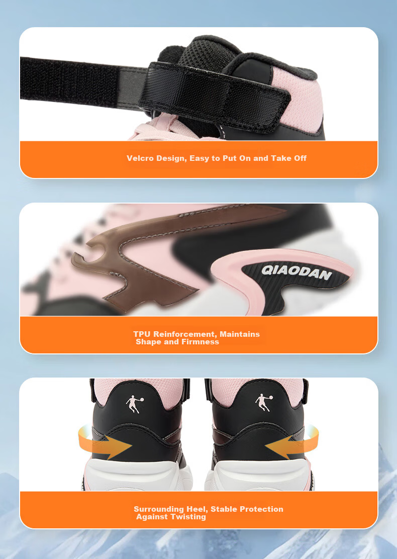 QIAODAN Girls' Fleece-Lined Cotton Shoes Children's Winter Casual Mid-Top Hook-and-Loop Shoes Ivory/Black Size 37 13
