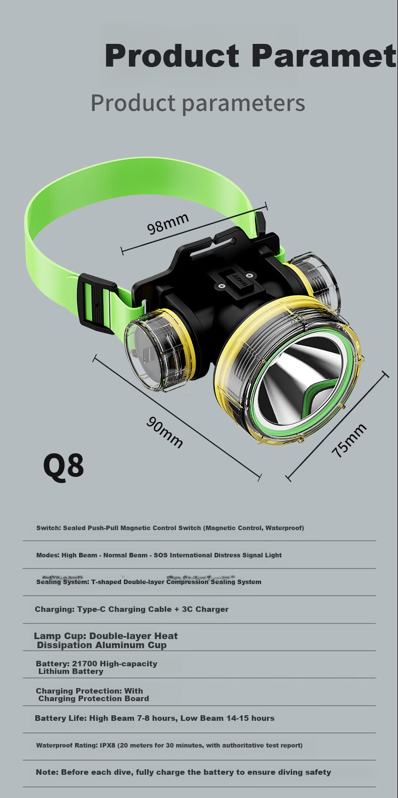 Guangming General High-Power Professional IPX8 Waterproof Rechargeable Headlamp Head-Mounted Ultra-Bright Long-Range Diving Light with Extended Battery Life for Sea and Beach Activities 17