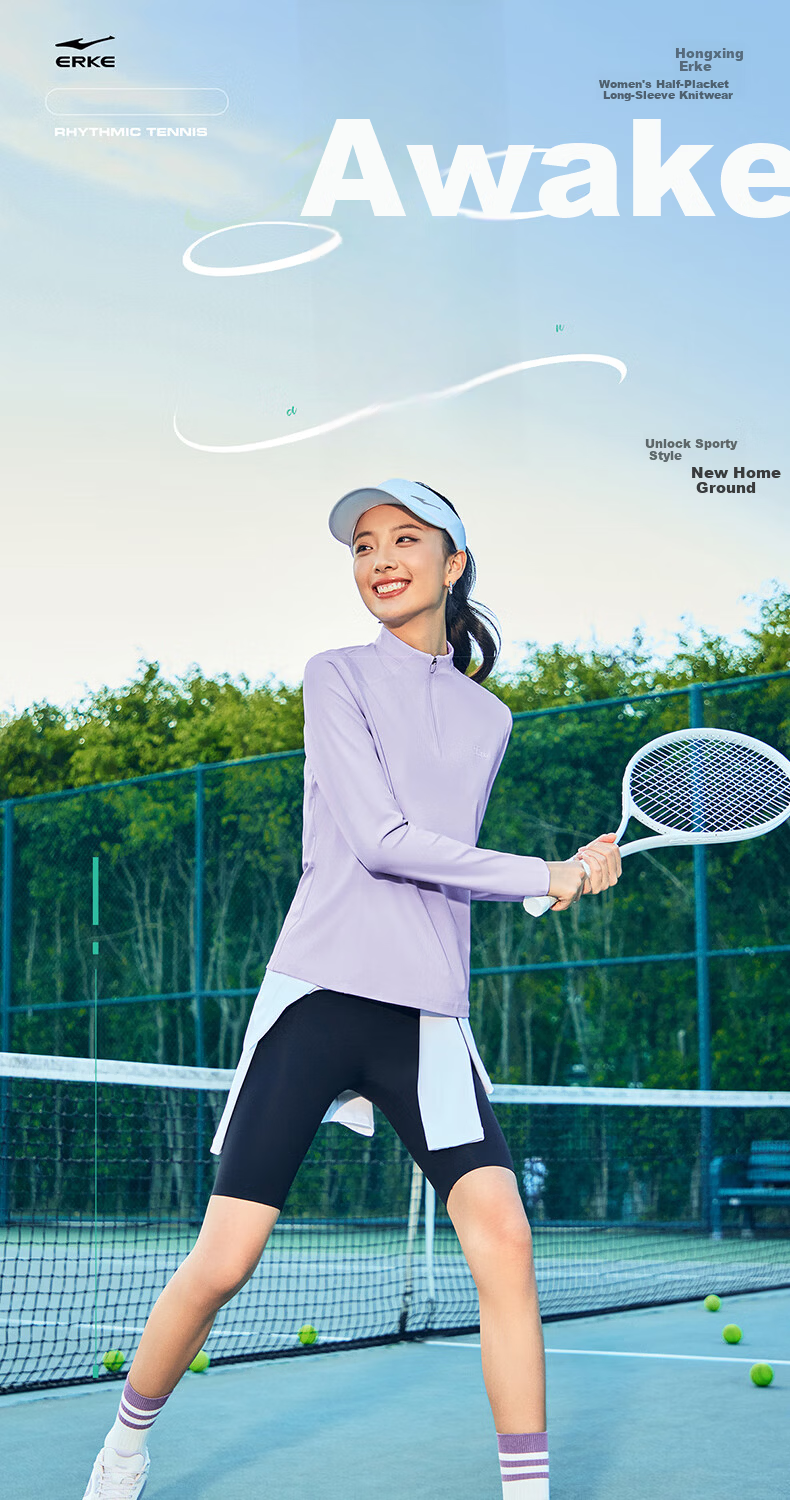 ERKE Women's Long Sleeve T-Shirt 2026 New Half-Placket Stand Collar Tennis Slim Fit Sports Top Versatile Base Layer Running Shirt 1